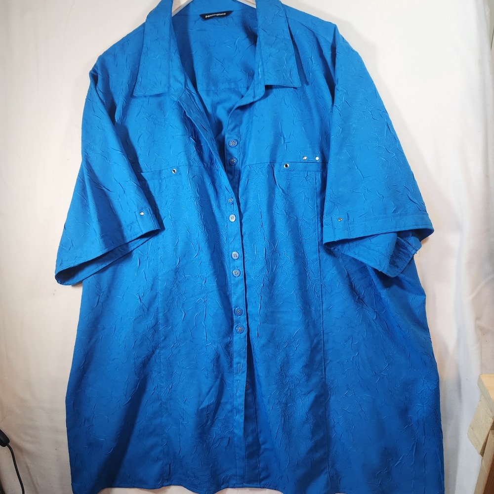 Penningtons Blue Crinkle Texture Short Sleeve Button Up Shirt Utility Pockets